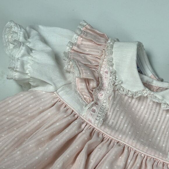 Vintage Toddle Tyke Dress Size 3 Months Pink Ruffle Collar Lace Short Sleeve - Picture 2 of 11